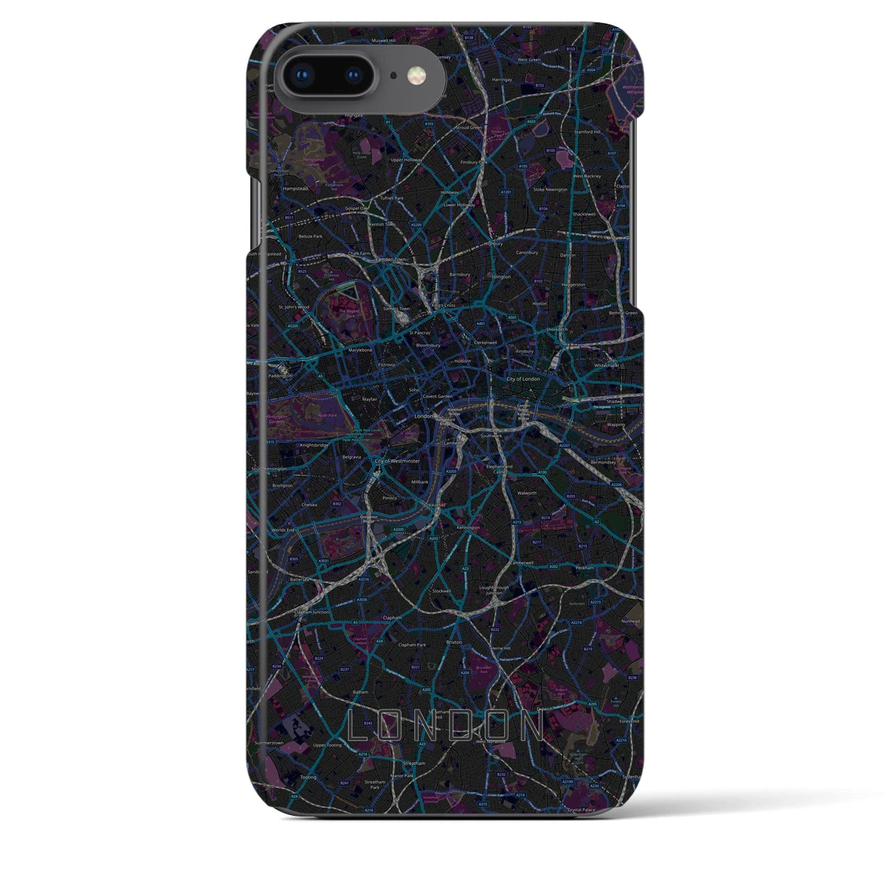 【ロンドン】地図柄iPhoneケース（バックカバータイプ・ブラック）iPhone 8Plus /7Plus / 6sPlus / 6Plus 用