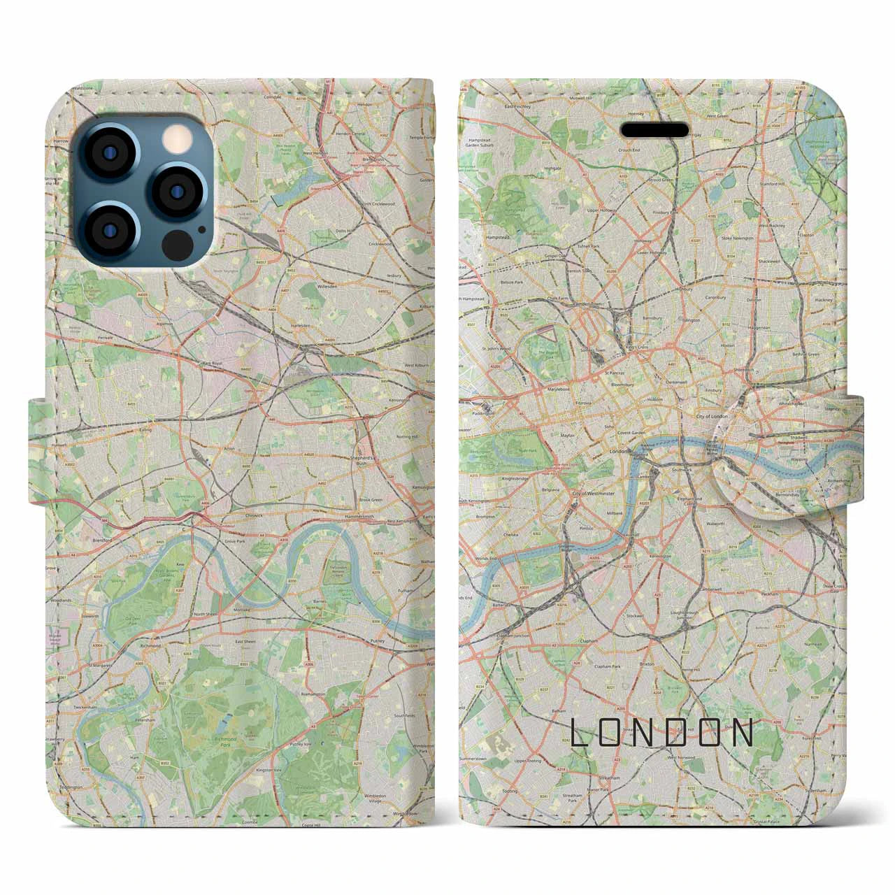 【ロンドン】地図柄iPhoneケース（手帳両面タイプ・ナチュラル）iPhone 12 / 12 Pro 用