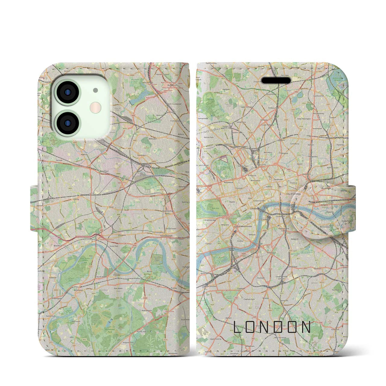 【ロンドン】地図柄iPhoneケース（手帳両面タイプ・ナチュラル）iPhone 12 mini 用