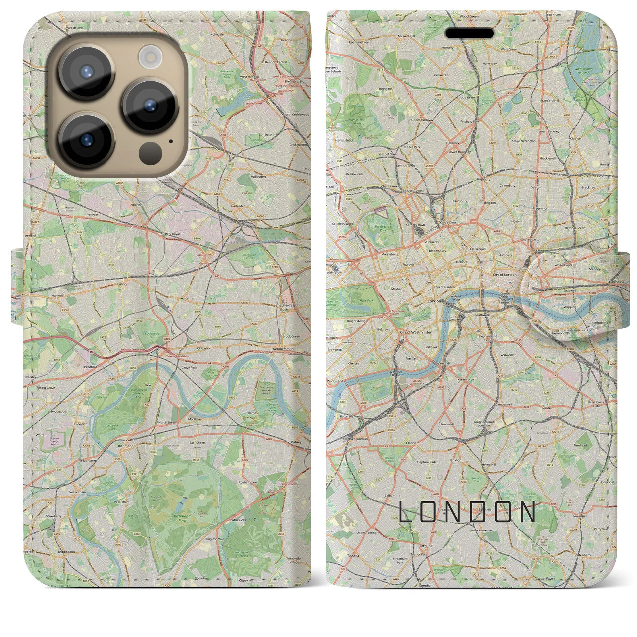 【ロンドン】地図柄iPhoneケース（手帳両面タイプ・ナチュラル）iPhone 14 Pro Max 用