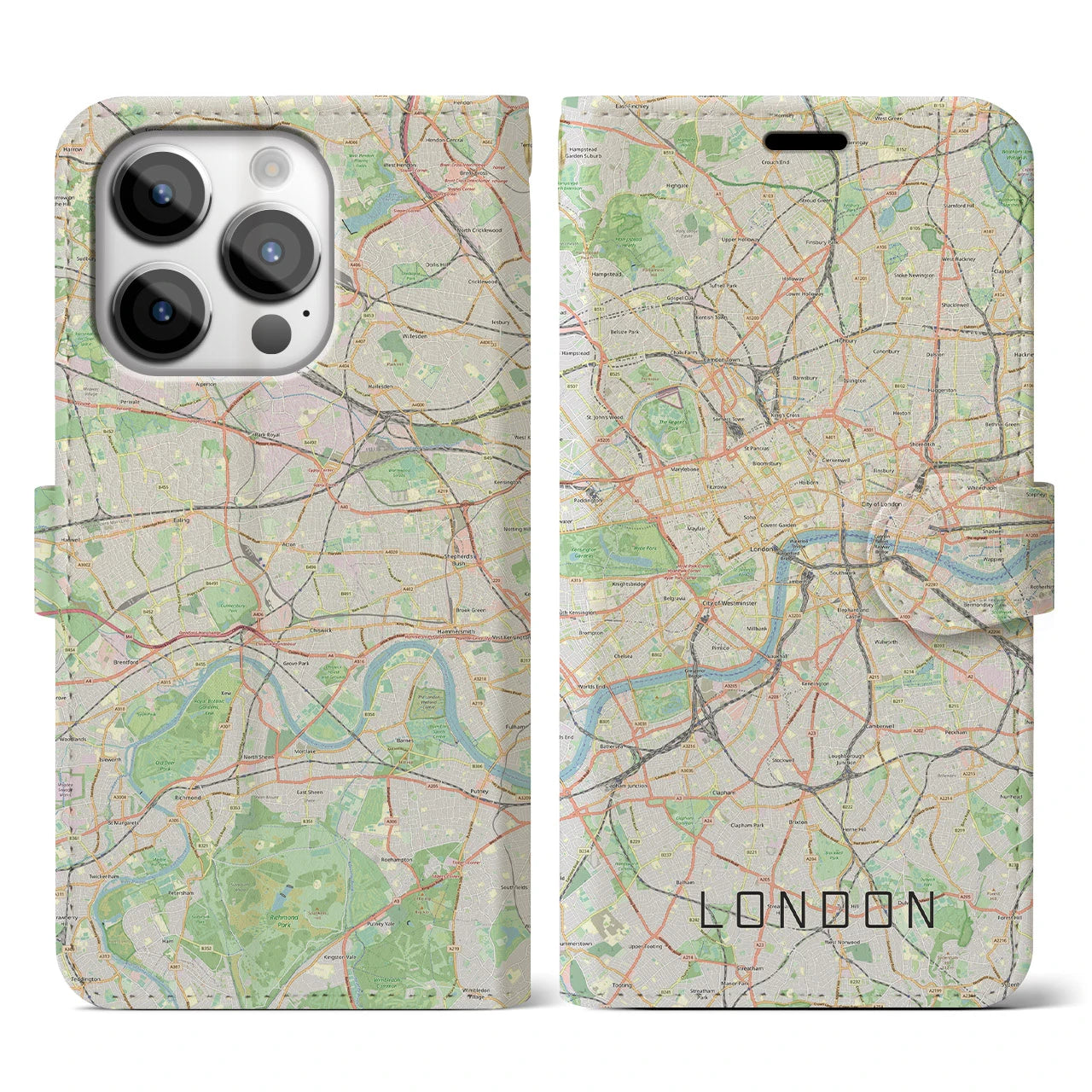 【ロンドン】地図柄iPhoneケース（手帳両面タイプ・ナチュラル）iPhone 14 Pro 用