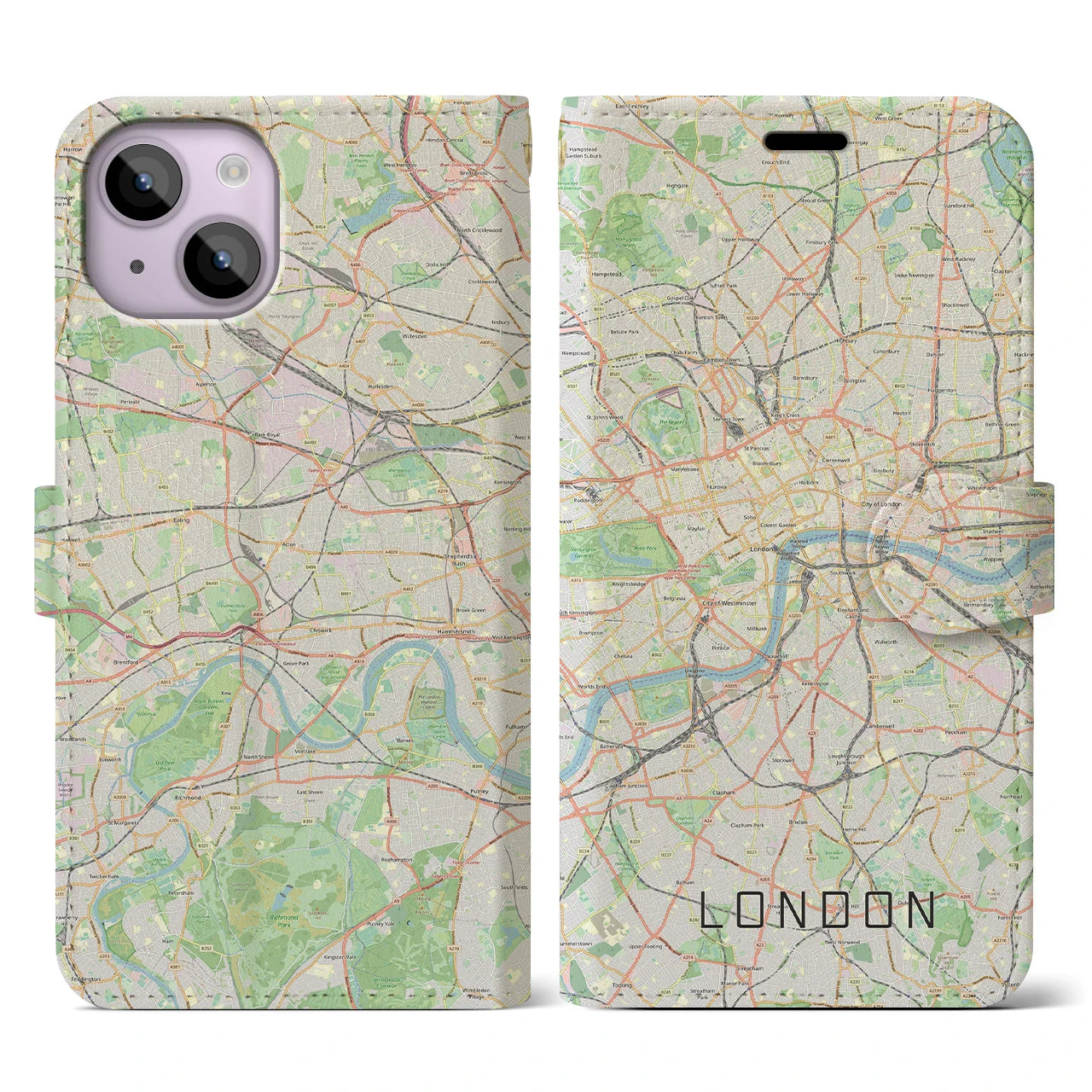 【ロンドン】地図柄iPhoneケース（手帳両面タイプ・ナチュラル）iPhone 14 用