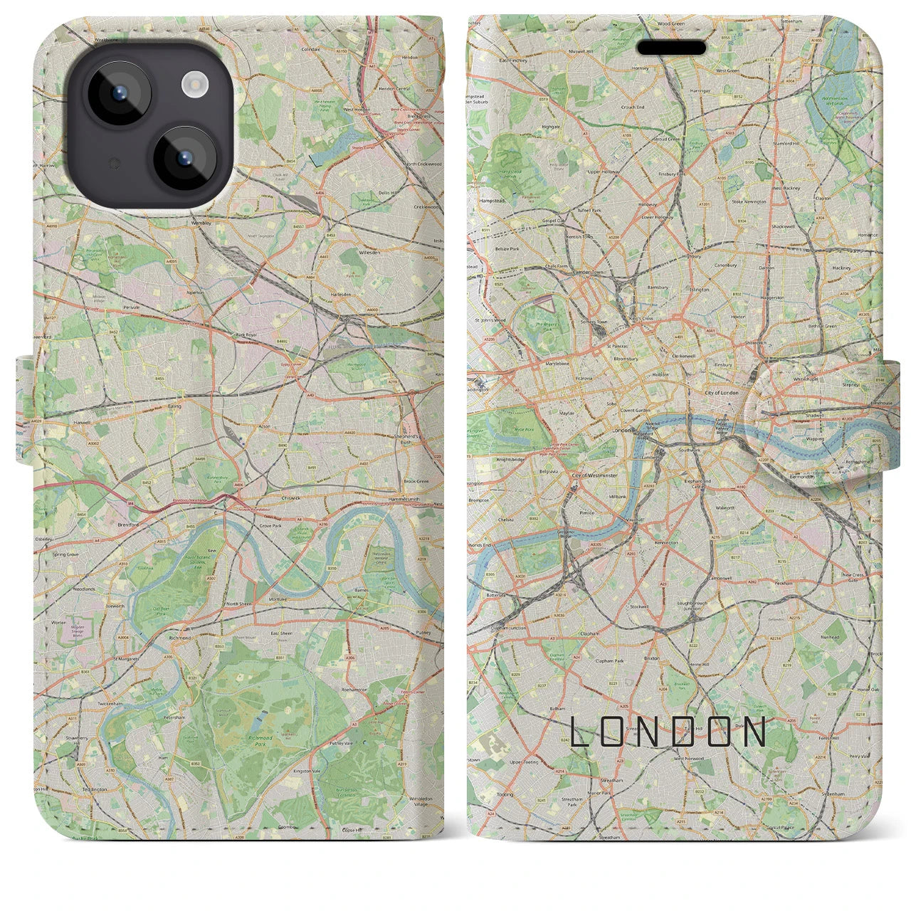【ロンドン】地図柄iPhoneケース（手帳両面タイプ・ナチュラル）iPhone 14 Plus 用