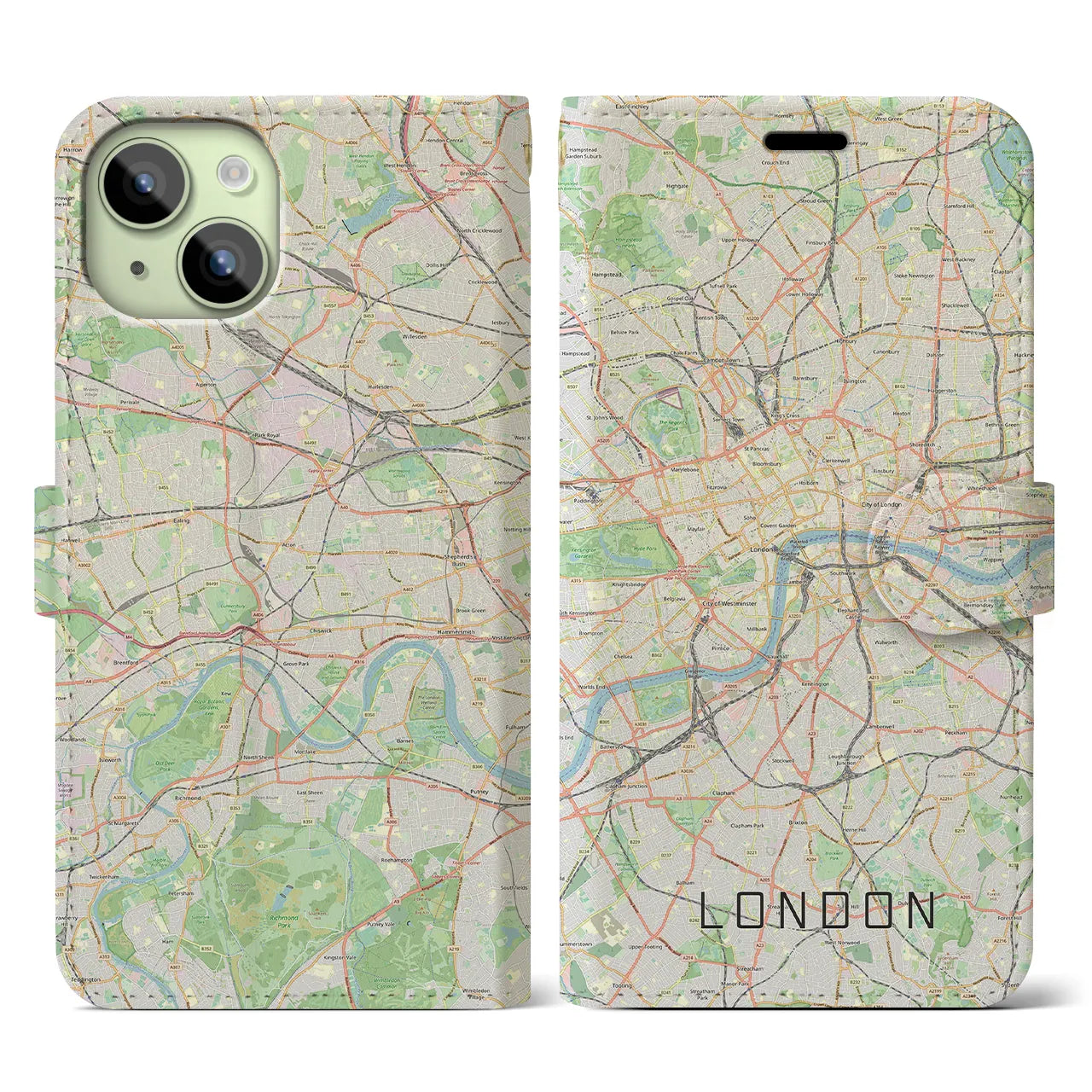 【ロンドン】地図柄iPhoneケース（手帳両面タイプ・ナチュラル）iPhone 15 用