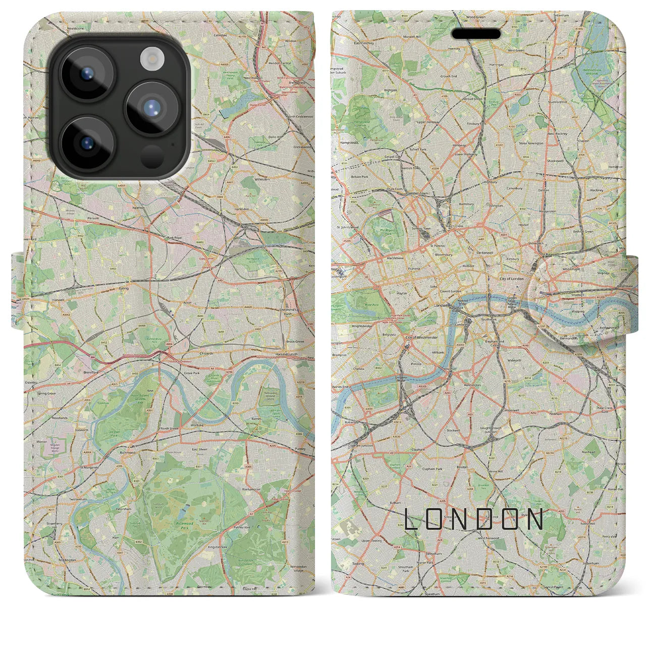【ロンドン】地図柄iPhoneケース（手帳両面タイプ・ナチュラル）iPhone 15 Pro Max 用