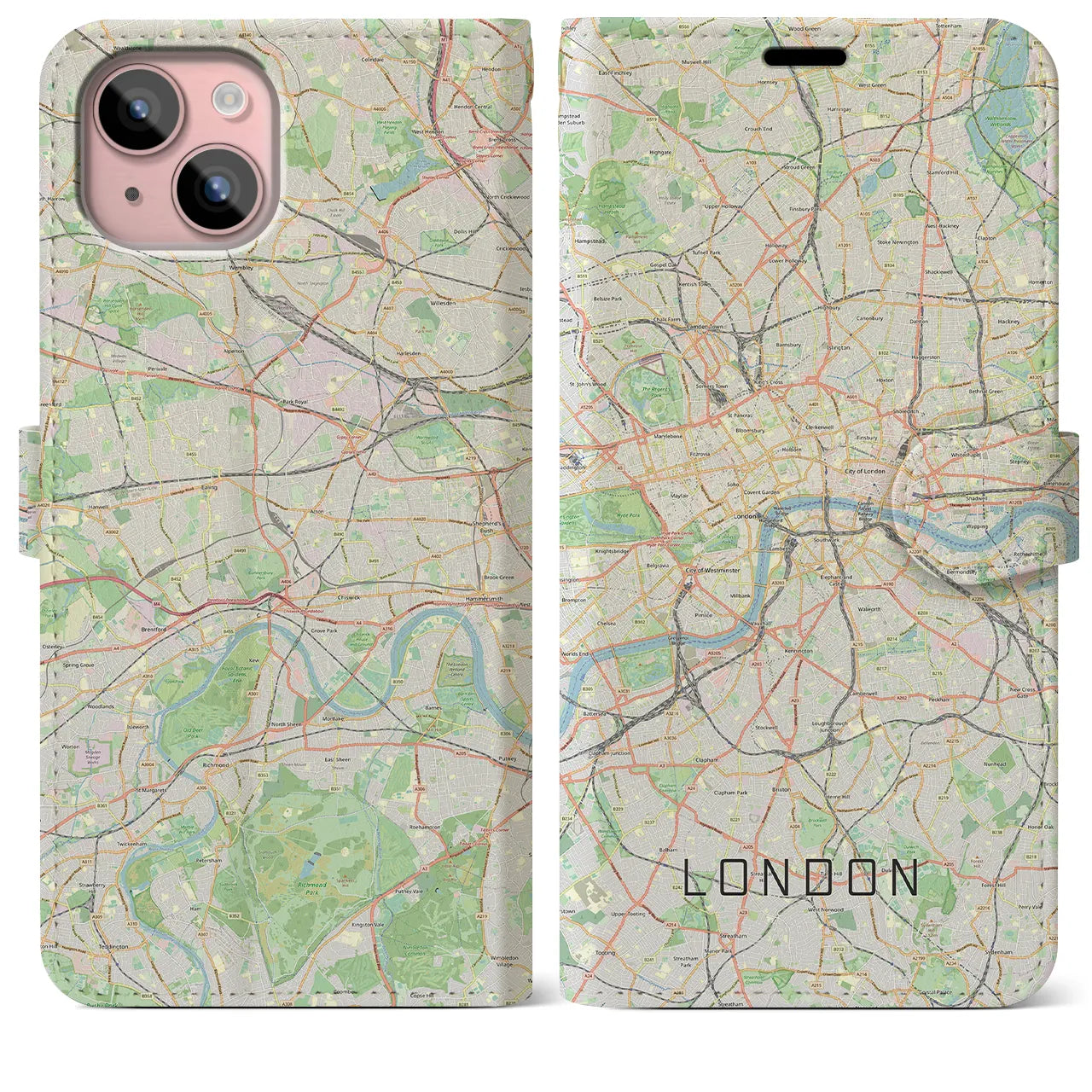【ロンドン】地図柄iPhoneケース（手帳両面タイプ・ナチュラル）iPhone 15 Plus 用