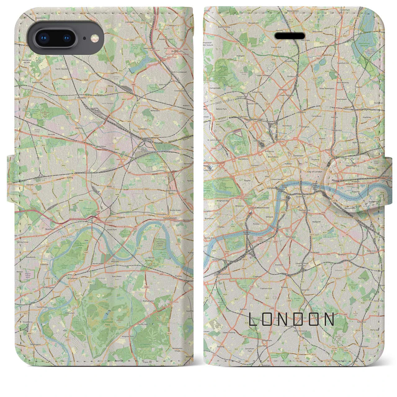 【ロンドン】地図柄iPhoneケース（手帳両面タイプ・ナチュラル）iPhone 8Plus /7Plus / 6sPlus / 6Plus 用