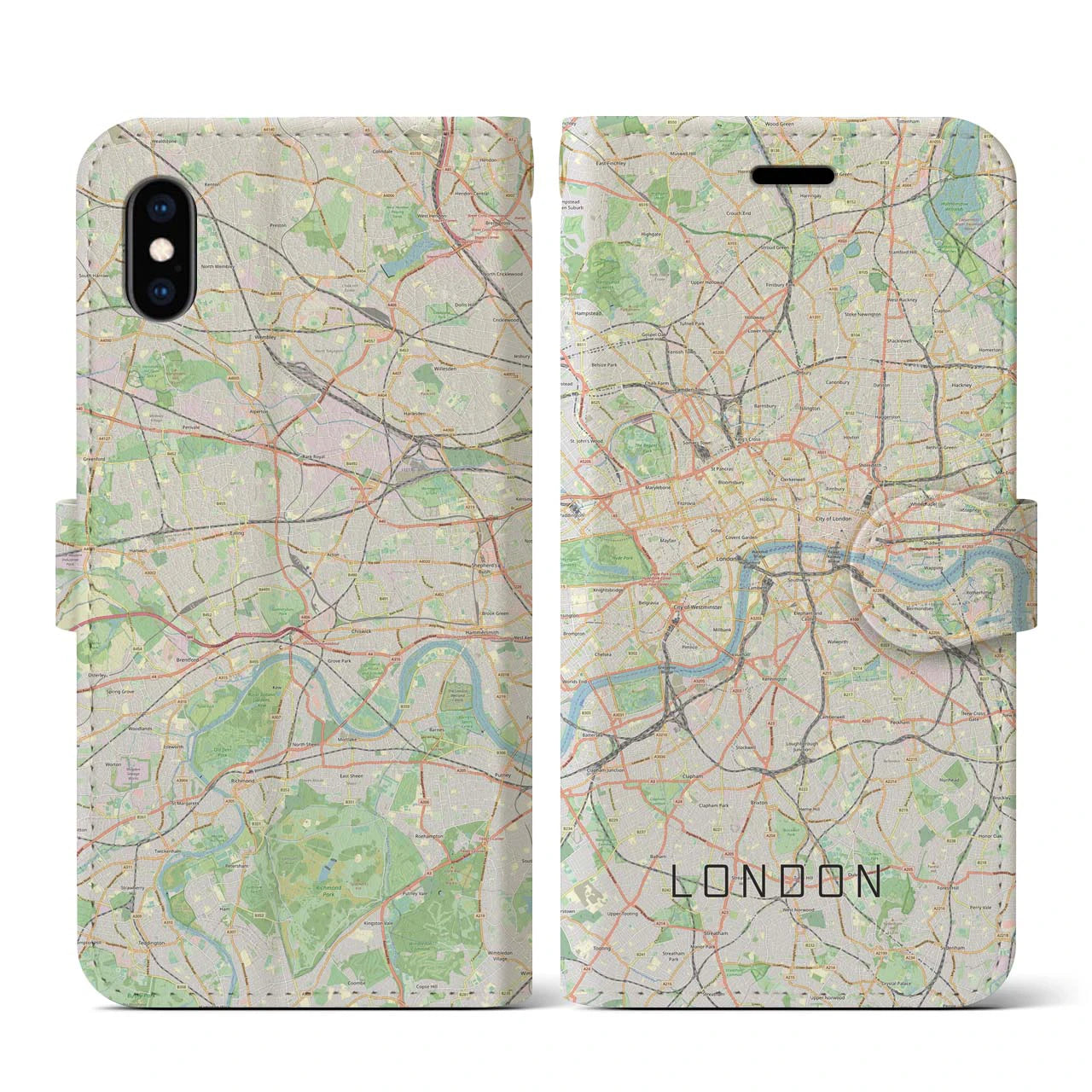 【ロンドン】地図柄iPhoneケース（手帳両面タイプ・ナチュラル）iPhone XS / X 用
