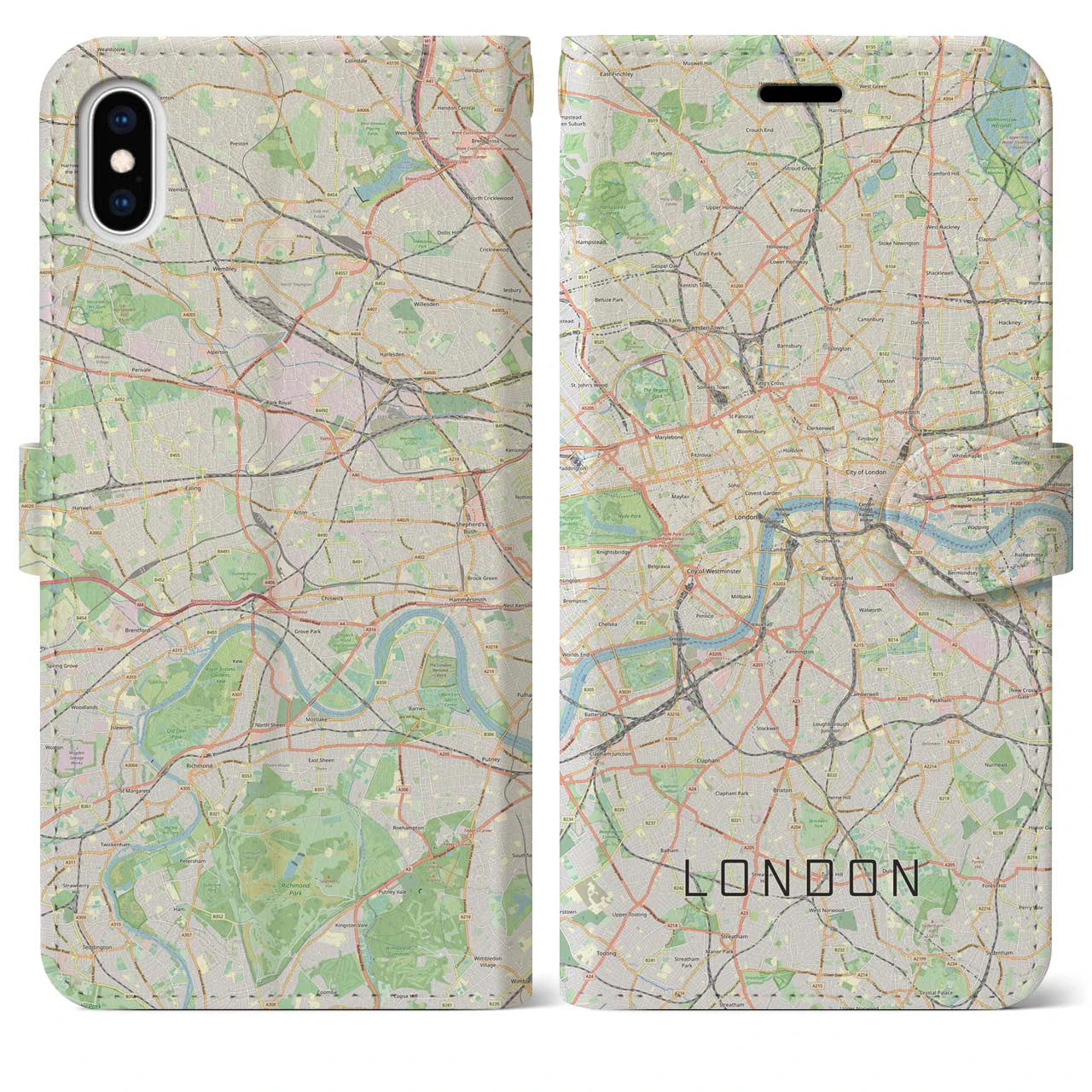 【ロンドン】地図柄iPhoneケース（手帳両面タイプ・ナチュラル）iPhone XS Max 用