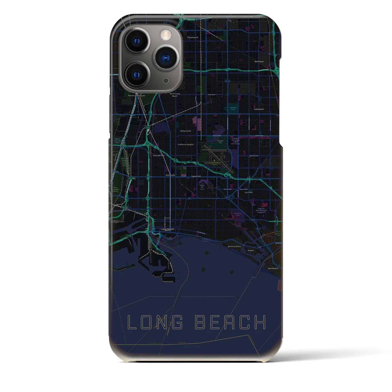 【ロングビーチ】地図柄iPhoneケース（バックカバータイプ・ブラック）iPhone 11 Pro Max 用