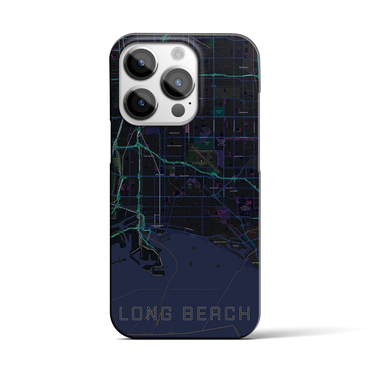 【ロングビーチ】地図柄iPhoneケース（バックカバータイプ・ブラック）iPhone 14 Pro 用