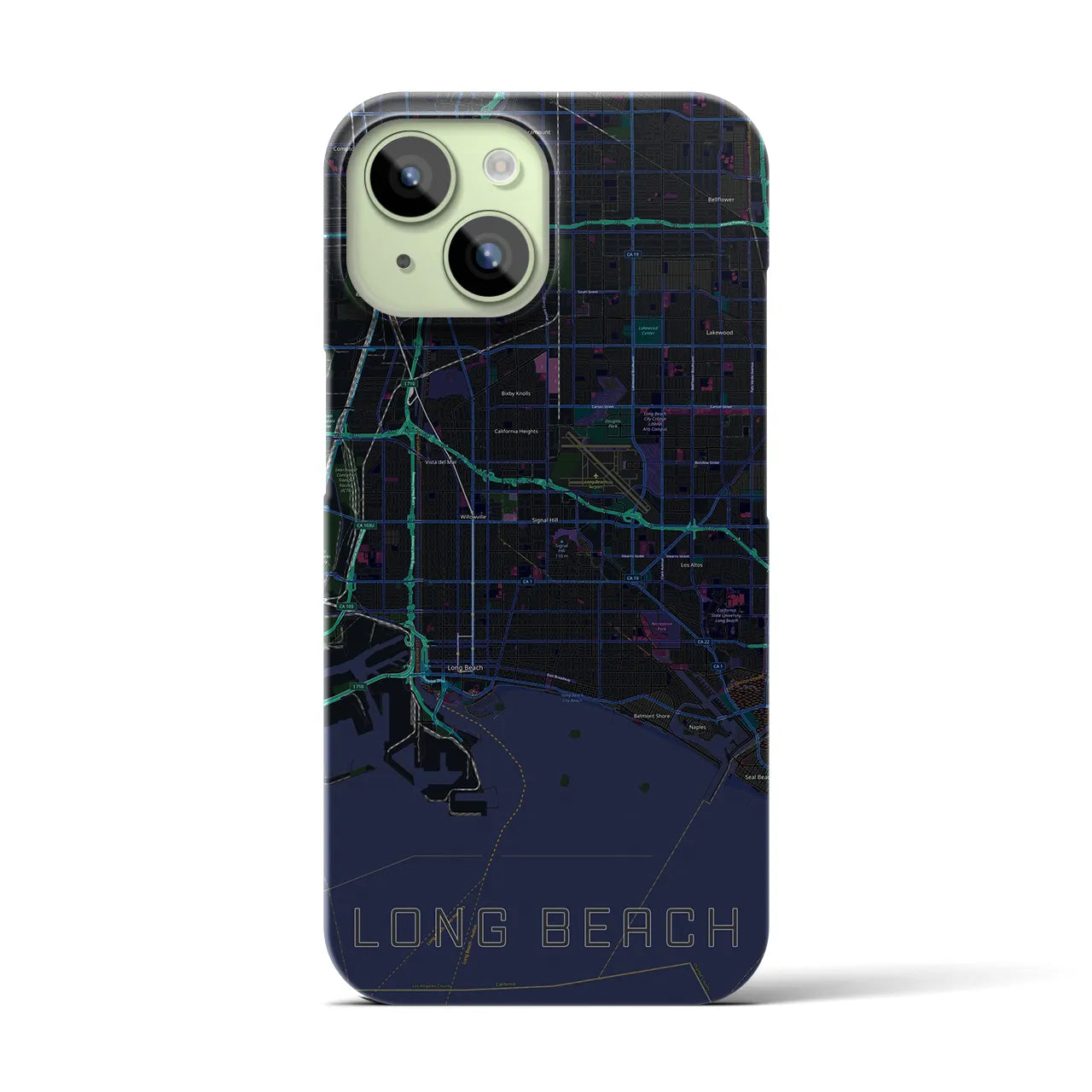 【ロングビーチ】地図柄iPhoneケース（バックカバータイプ・ブラック）iPhone 15 用