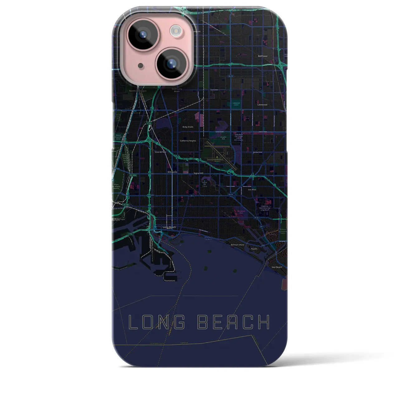 【ロングビーチ】地図柄iPhoneケース（バックカバータイプ・ブラック）iPhone 15 Plus 用