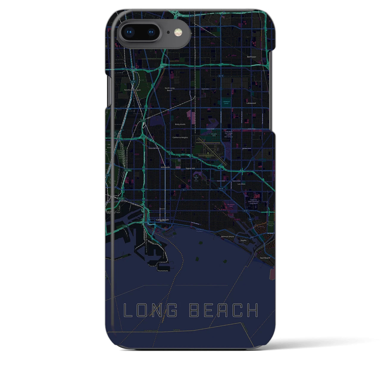 【ロングビーチ】地図柄iPhoneケース（バックカバータイプ・ブラック）iPhone 8Plus /7Plus / 6sPlus / 6Plus 用