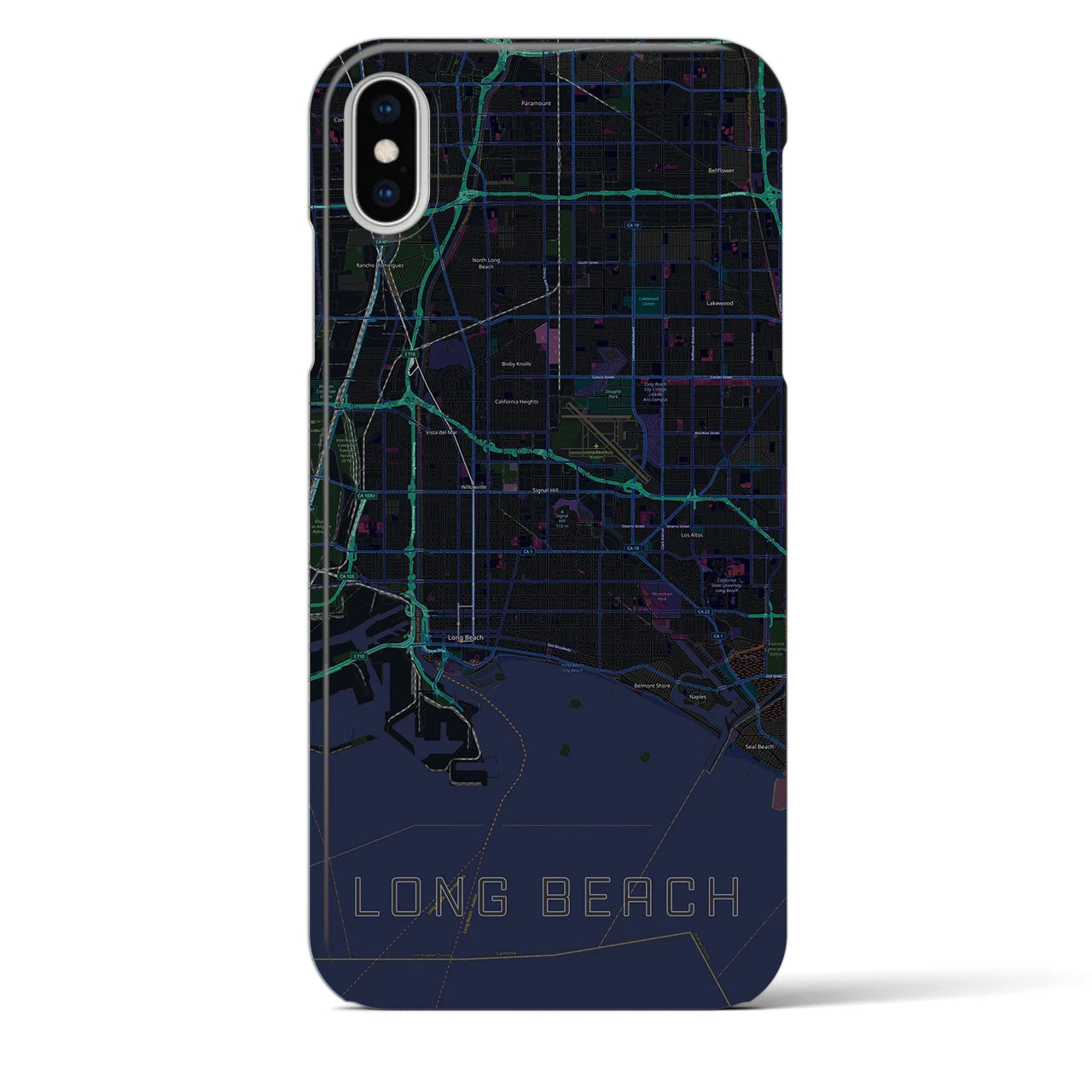 【ロングビーチ】地図柄iPhoneケース（バックカバータイプ・ブラック）iPhone XS Max 用