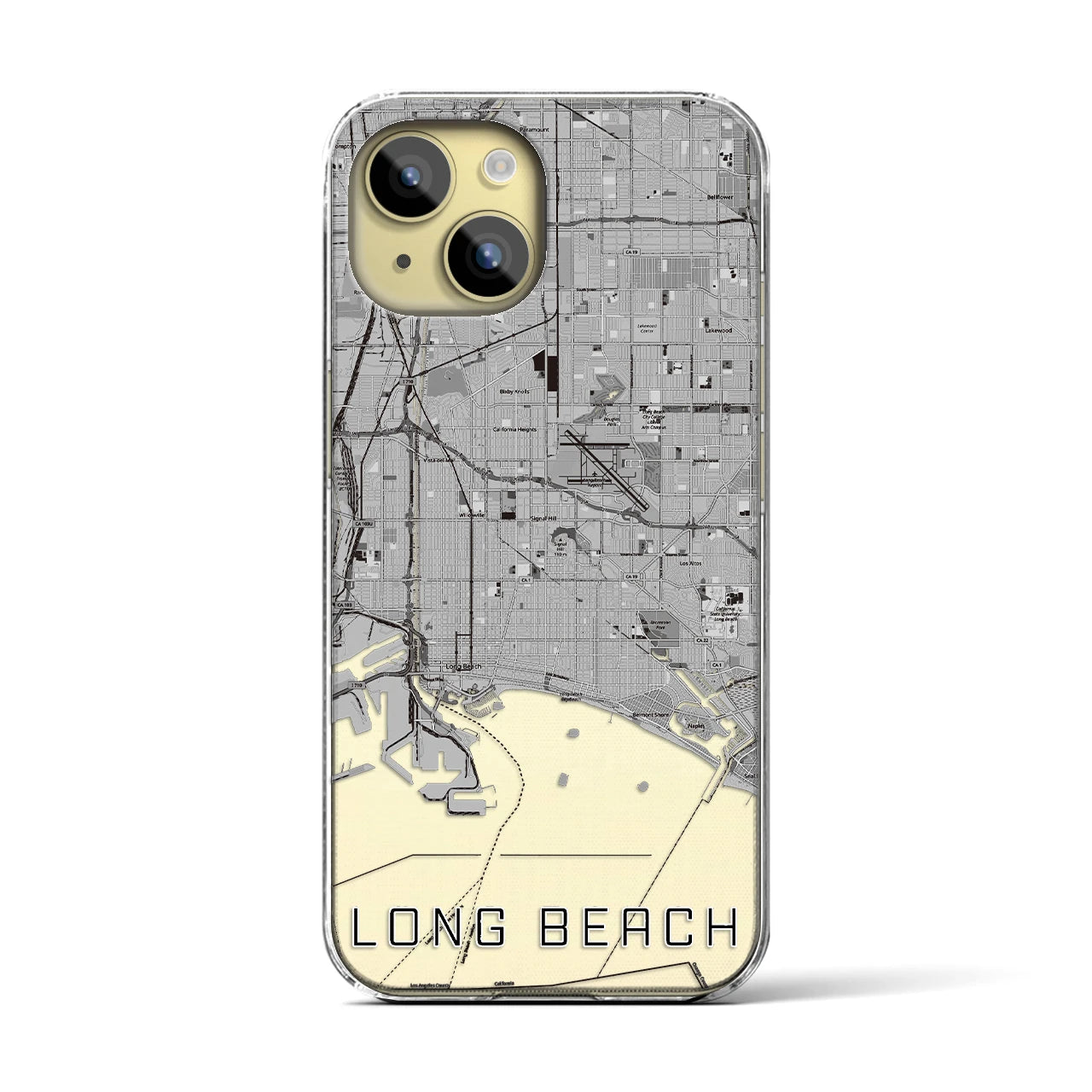 【ロングビーチ】地図柄iPhoneケース（クリアタイプ・モノトーン）iPhone 15 用