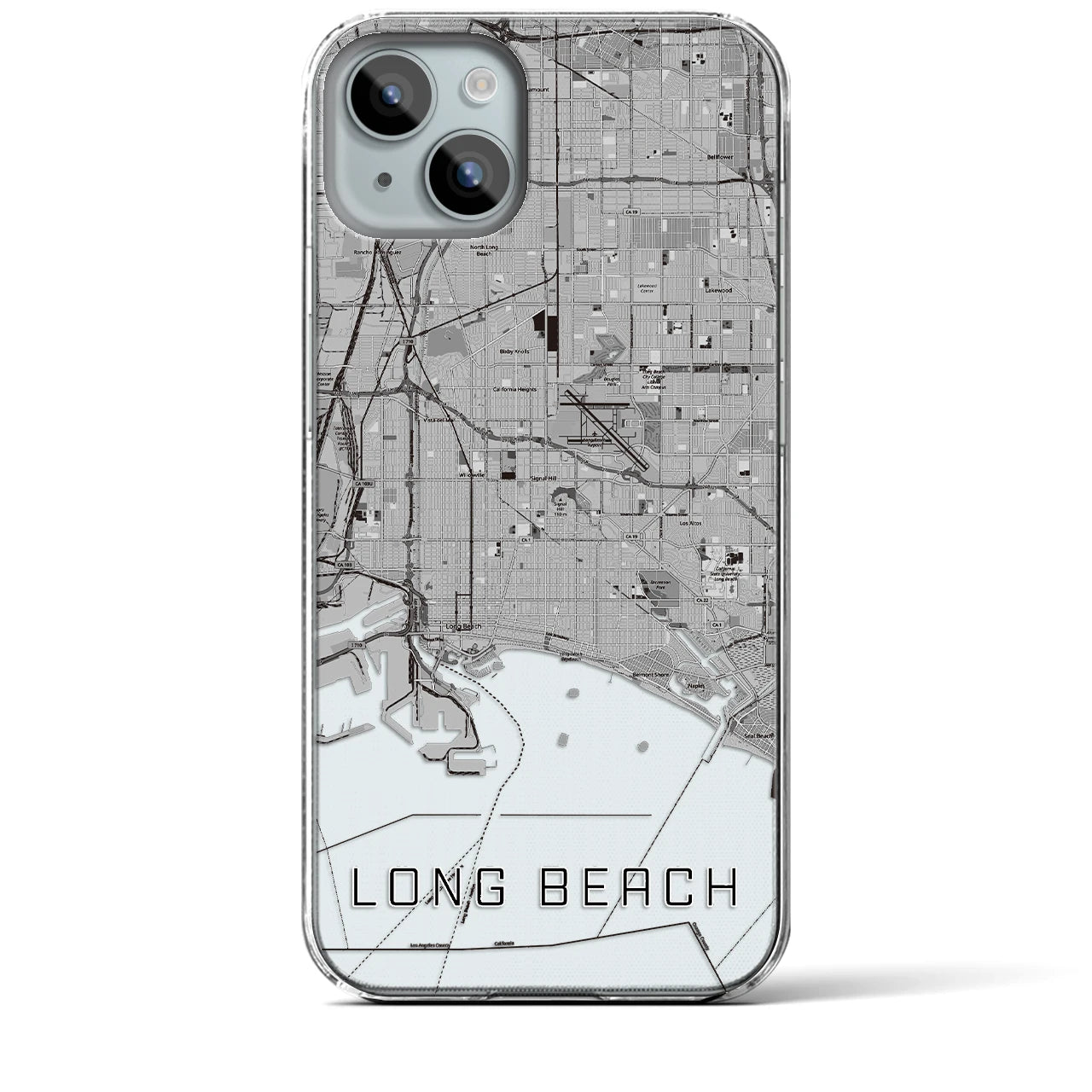 【ロングビーチ】地図柄iPhoneケース（クリアタイプ・モノトーン）iPhone 15 Plus 用