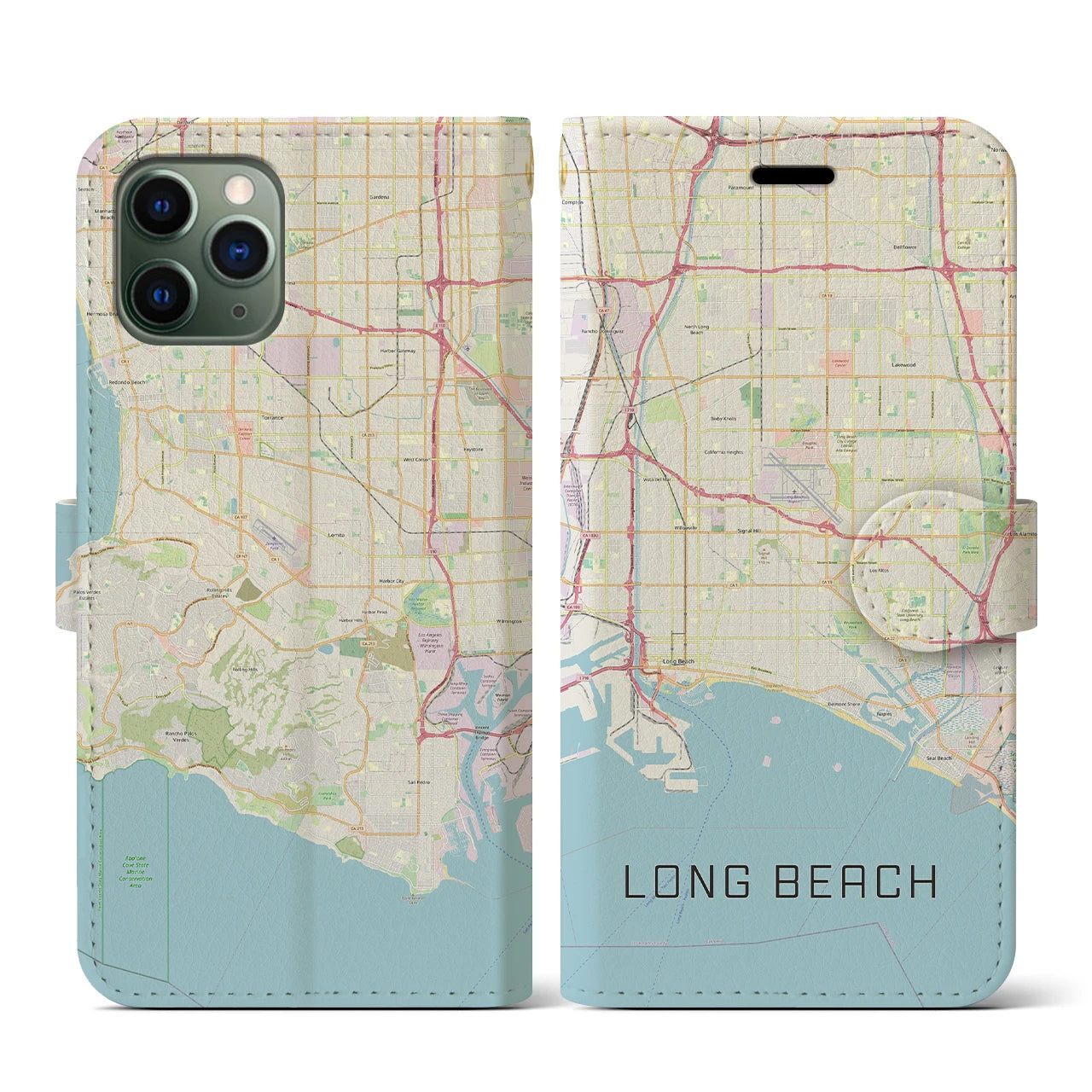 【ロングビーチ】地図柄iPhoneケース（手帳両面タイプ・ナチュラル）iPhone 11 Pro 用