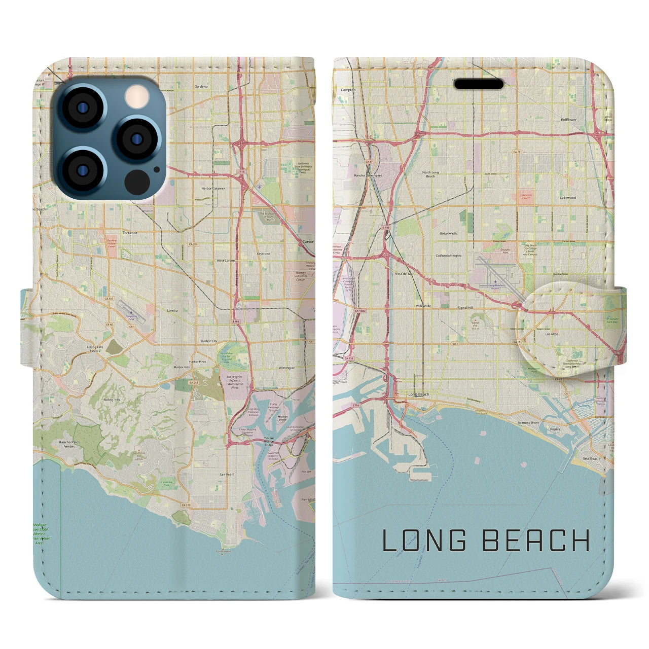【ロングビーチ】地図柄iPhoneケース（手帳両面タイプ・ナチュラル）iPhone 12 / 12 Pro 用