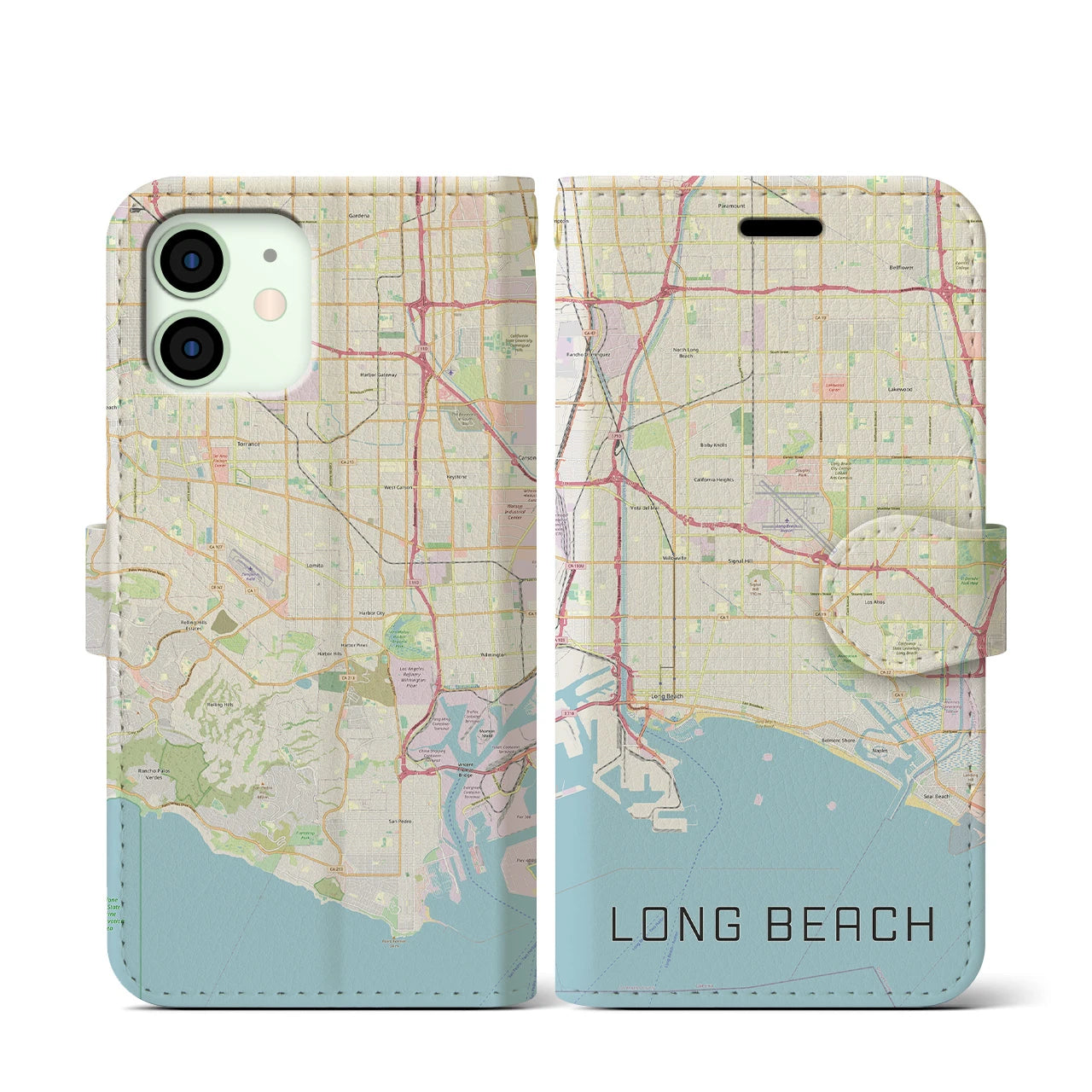 【ロングビーチ】地図柄iPhoneケース（手帳両面タイプ・ナチュラル）iPhone 12 mini 用