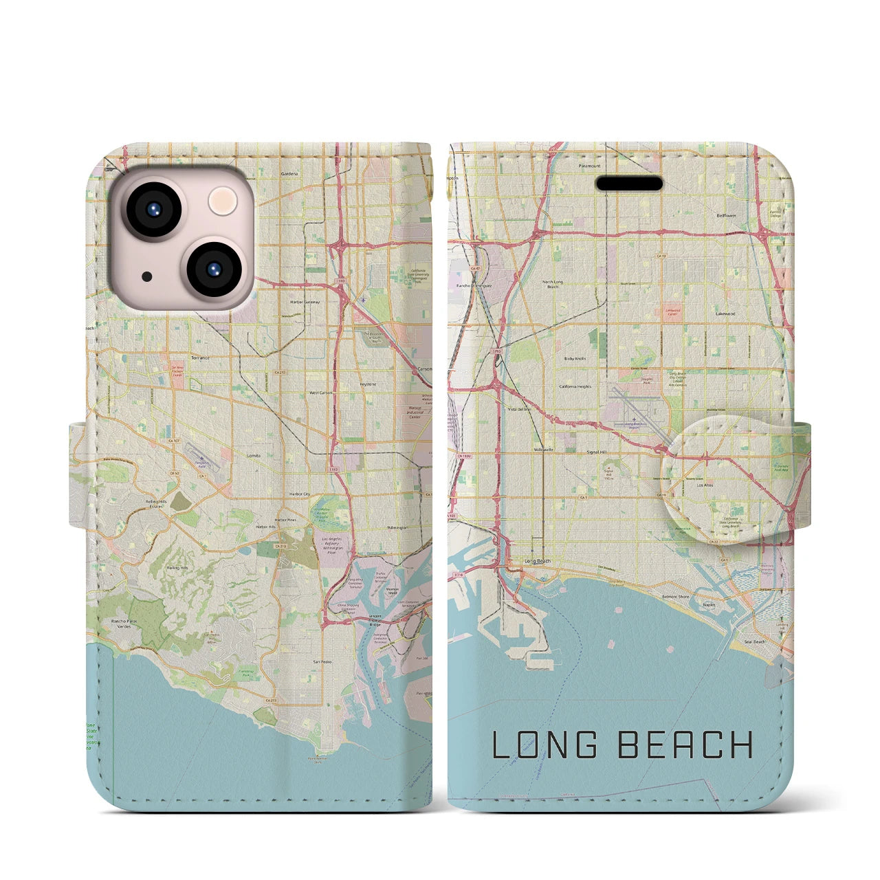 【ロングビーチ】地図柄iPhoneケース（手帳両面タイプ・ナチュラル）iPhone 13 mini 用