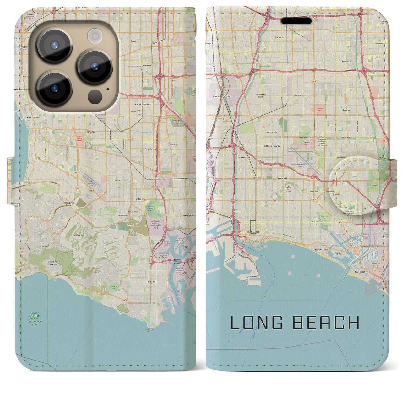 【ロングビーチ】地図柄iPhoneケース（手帳両面タイプ・ナチュラル）iPhone 14 Pro Max 用