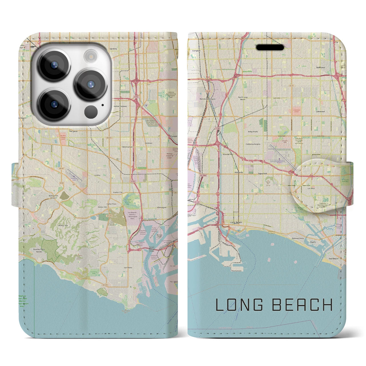 【ロングビーチ】地図柄iPhoneケース（手帳両面タイプ・ナチュラル）iPhone 14 Pro 用