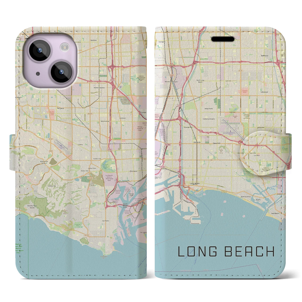 【ロングビーチ】地図柄iPhoneケース（手帳両面タイプ・ナチュラル）iPhone 14 用