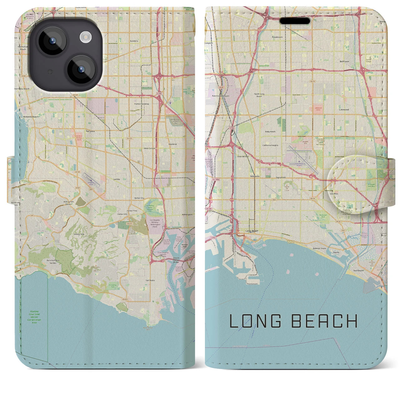 【ロングビーチ】地図柄iPhoneケース（手帳両面タイプ・ナチュラル）iPhone 14 Plus 用