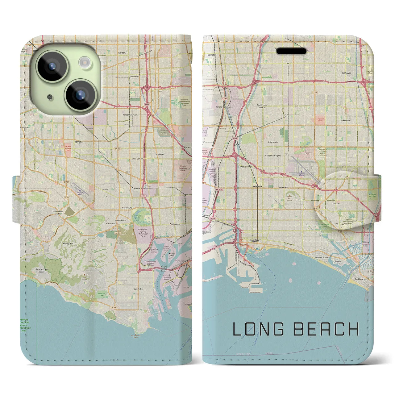 【ロングビーチ】地図柄iPhoneケース（手帳両面タイプ・ナチュラル）iPhone 15 用