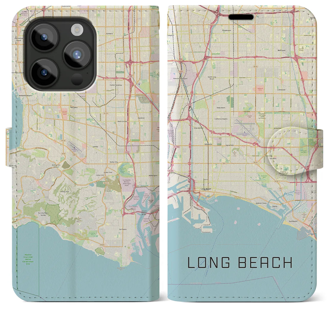 【ロングビーチ】地図柄iPhoneケース（手帳両面タイプ・ナチュラル）iPhone 15 Pro Max 用
