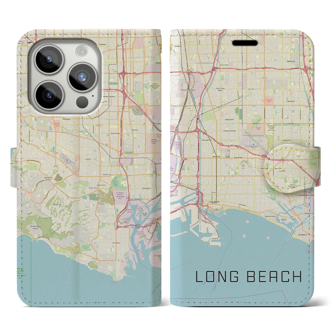 【ロングビーチ】地図柄iPhoneケース（手帳両面タイプ・ナチュラル）iPhone 15 Pro 用