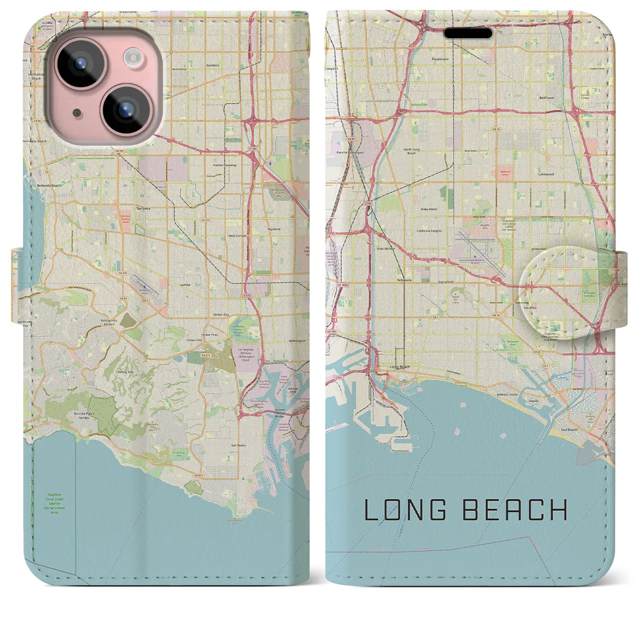 【ロングビーチ】地図柄iPhoneケース（手帳両面タイプ・ナチュラル）iPhone 15 Plus 用