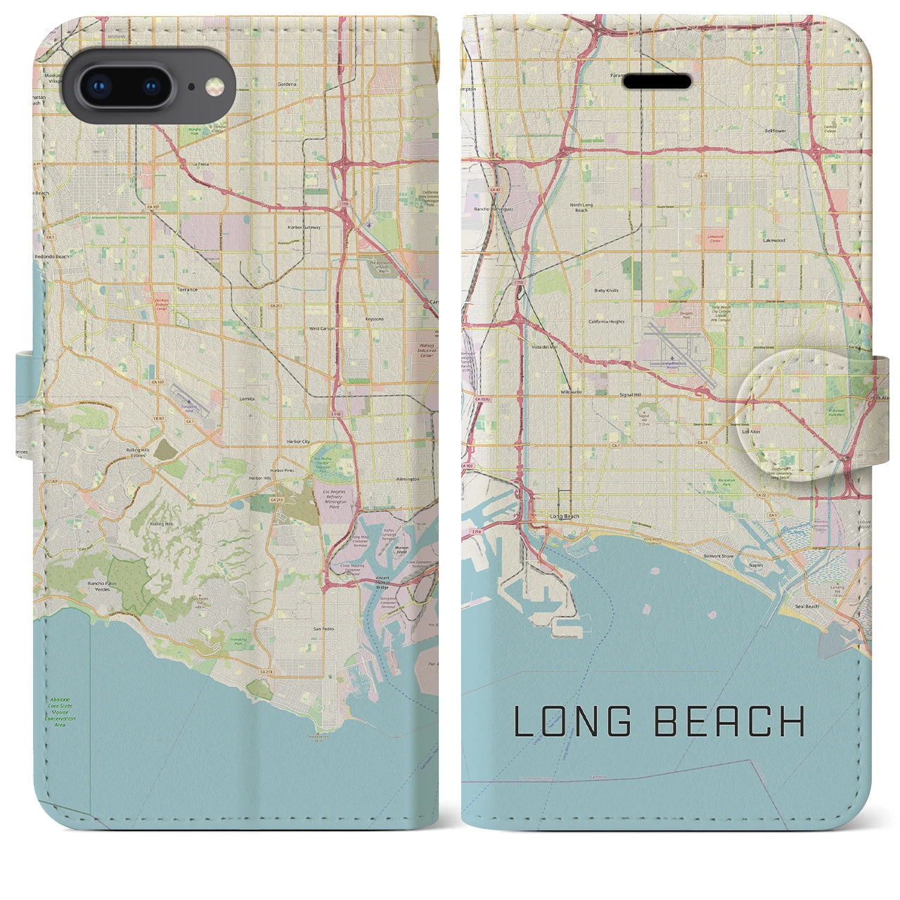 【ロングビーチ】地図柄iPhoneケース（手帳両面タイプ・ナチュラル）iPhone 8Plus /7Plus / 6sPlus / 6Plus 用