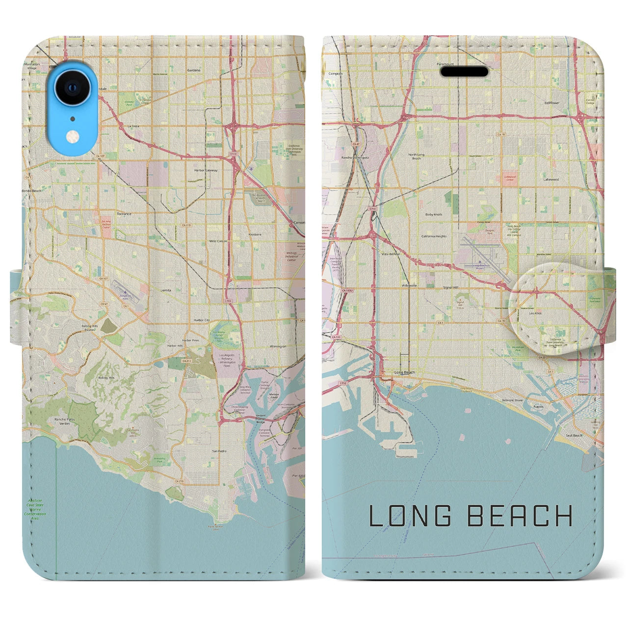【ロングビーチ】地図柄iPhoneケース（手帳両面タイプ・ナチュラル）iPhone XR 用
