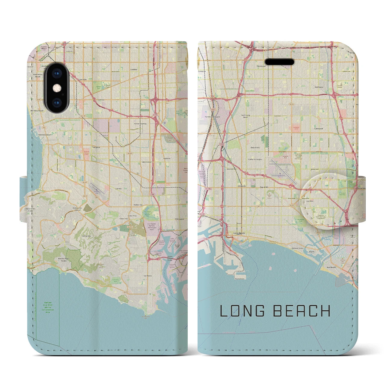 【ロングビーチ】地図柄iPhoneケース（手帳両面タイプ・ナチュラル）iPhone XS / X 用
