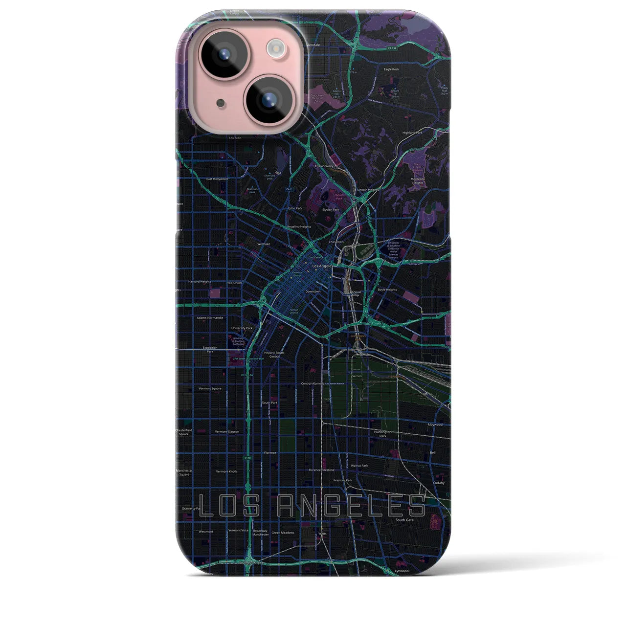 【ロサンゼルス】地図柄iPhoneケース（バックカバータイプ・ブラック）iPhone 15 Plus 用