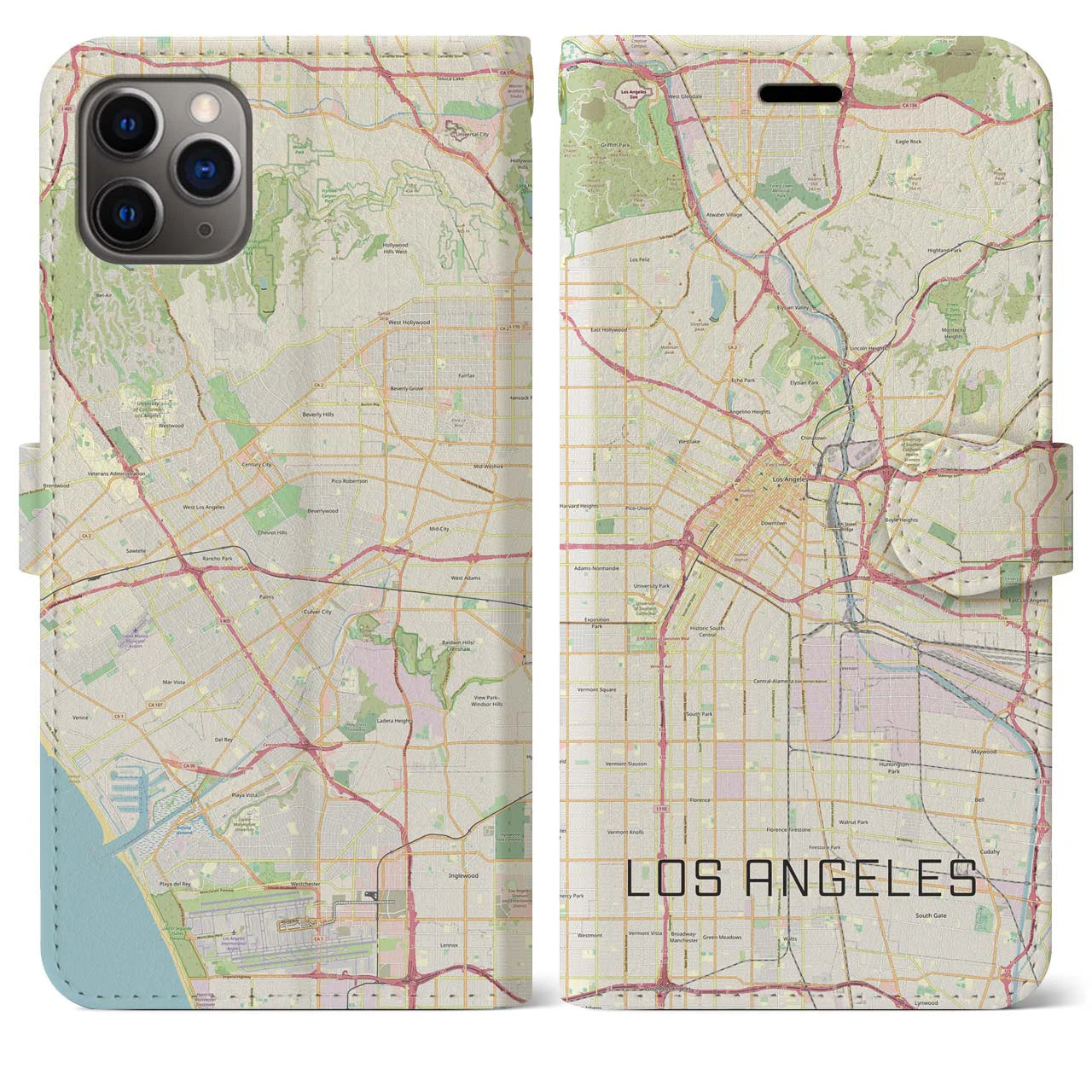 【ロサンゼルス】地図柄iPhoneケース（手帳両面タイプ・ナチュラル）iPhone 11 Pro Max 用