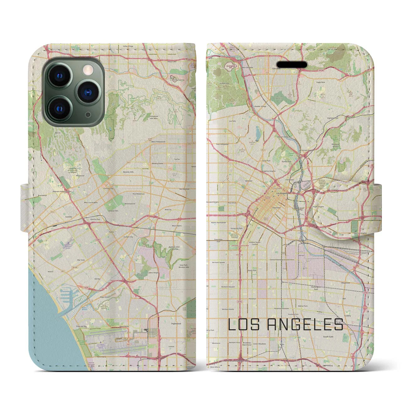 【ロサンゼルス】地図柄iPhoneケース（手帳両面タイプ・ナチュラル）iPhone 11 Pro 用