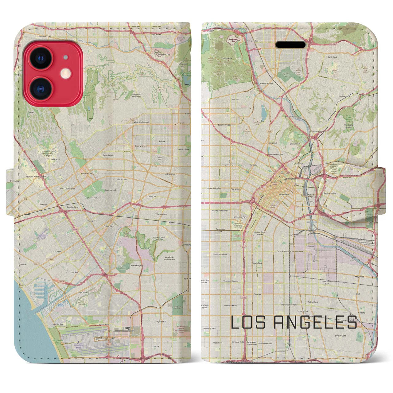 【ロサンゼルス】地図柄iPhoneケース（手帳両面タイプ・ナチュラル）iPhone 11 用