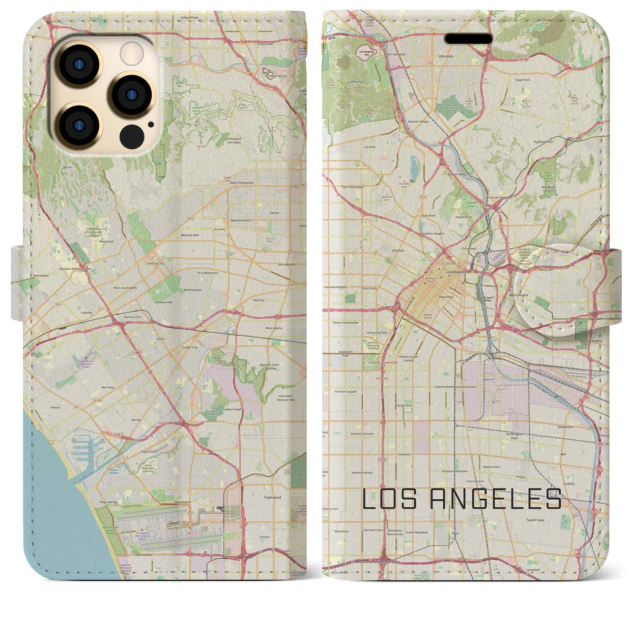 【ロサンゼルス】地図柄iPhoneケース（手帳両面タイプ・ナチュラル）iPhone 12 Pro Max 用