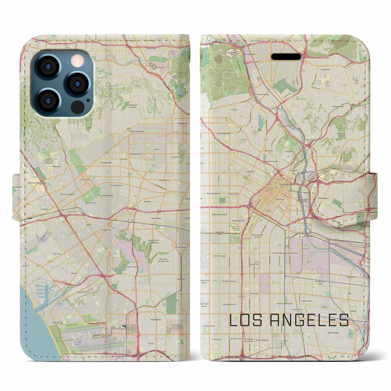 【ロサンゼルス】地図柄iPhoneケース（手帳両面タイプ・ナチュラル）iPhone 12 / 12 Pro 用