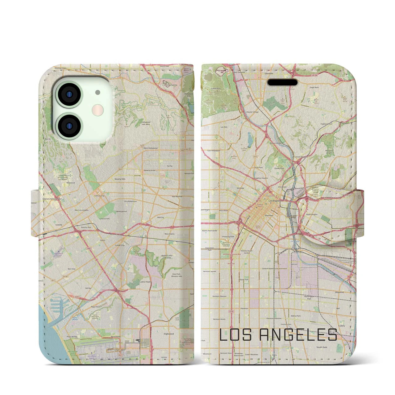 【ロサンゼルス】地図柄iPhoneケース（手帳両面タイプ・ナチュラル）iPhone 12 mini 用
