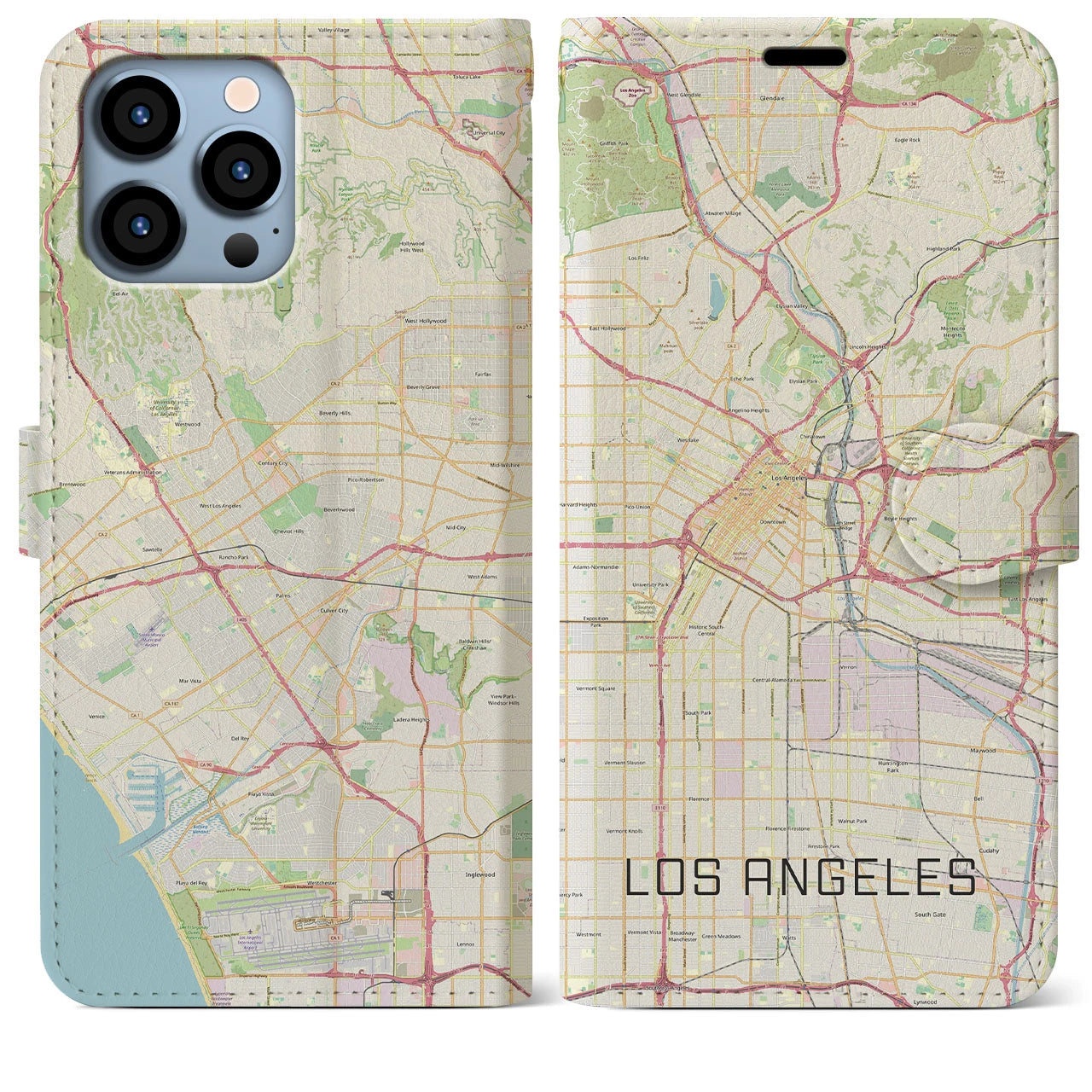 【ロサンゼルス】地図柄iPhoneケース（手帳両面タイプ・ナチュラル）iPhone 13 Pro Max 用