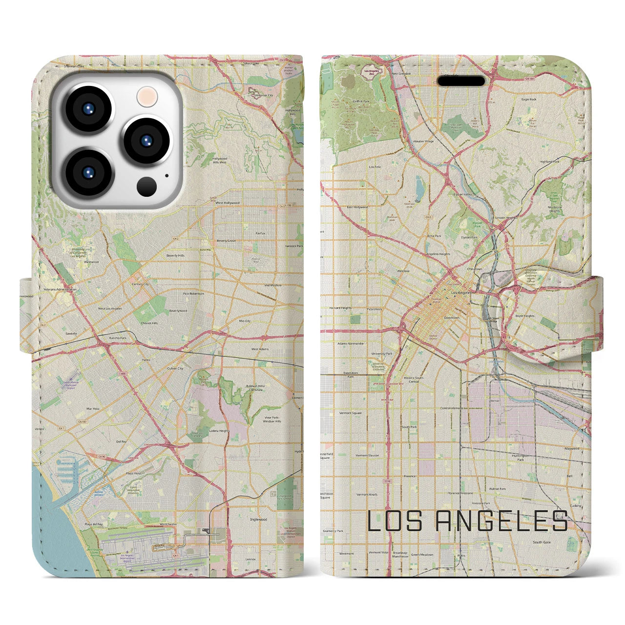 【ロサンゼルス】地図柄iPhoneケース（手帳両面タイプ・ナチュラル）iPhone 13 Pro 用