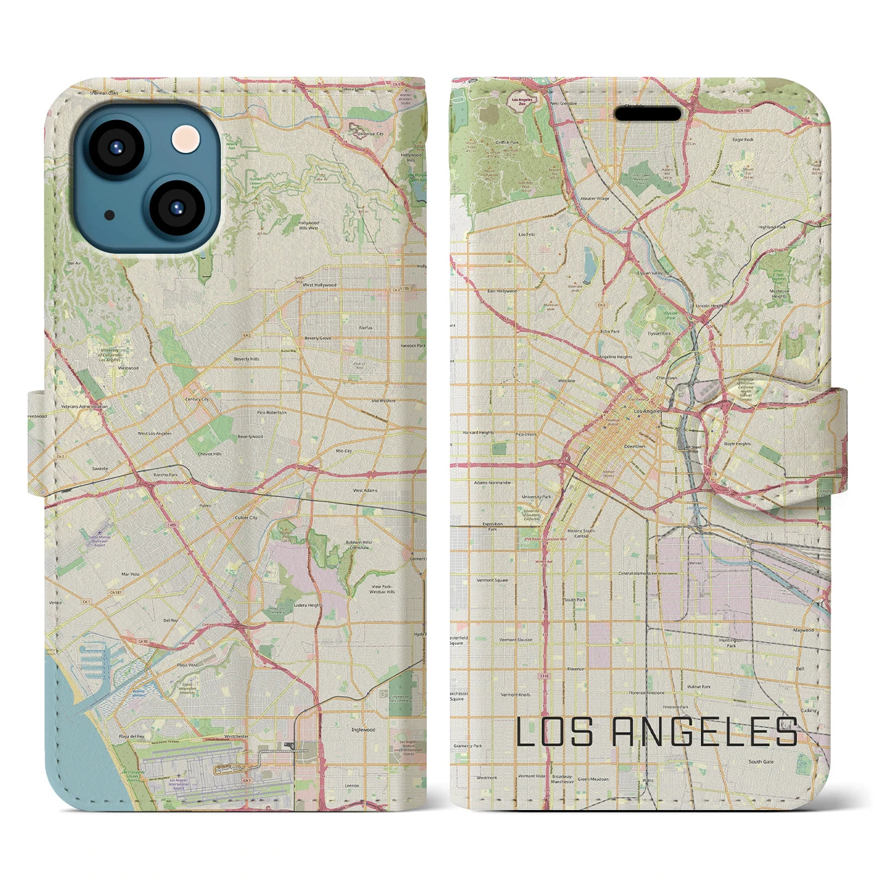 【ロサンゼルス】地図柄iPhoneケース（手帳両面タイプ・ナチュラル）iPhone 13 用