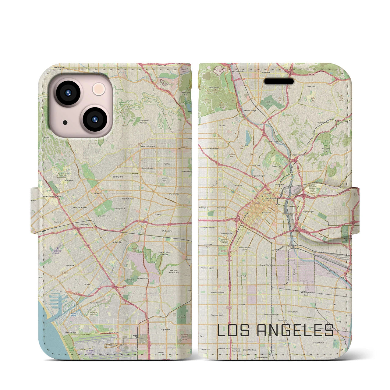 【ロサンゼルス】地図柄iPhoneケース（手帳両面タイプ・ナチュラル）iPhone 13 mini 用