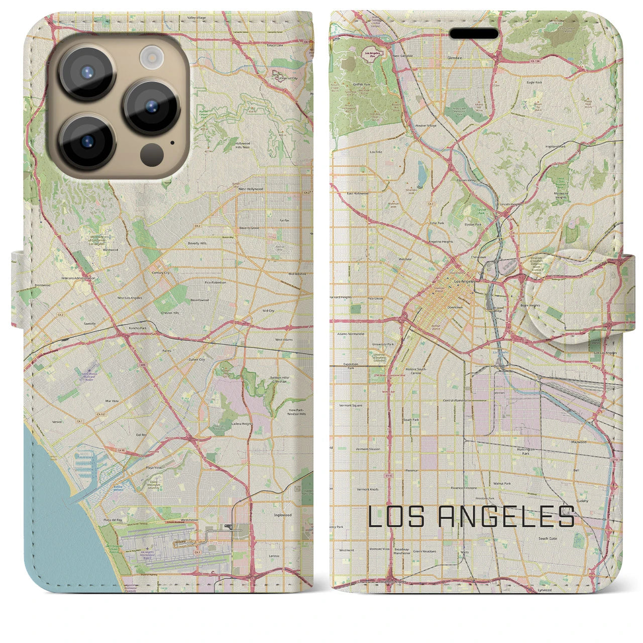 【ロサンゼルス】地図柄iPhoneケース（手帳両面タイプ・ナチュラル）iPhone 14 Pro Max 用