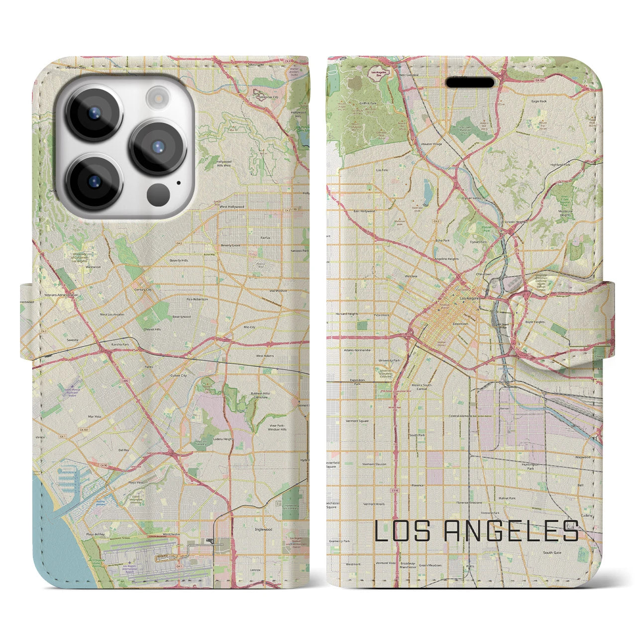 【ロサンゼルス】地図柄iPhoneケース（手帳両面タイプ・ナチュラル）iPhone 14 Pro 用