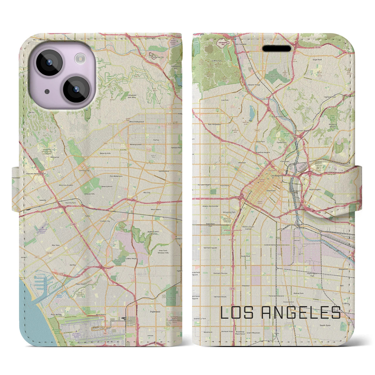 【ロサンゼルス】地図柄iPhoneケース（手帳両面タイプ・ナチュラル）iPhone 14 用